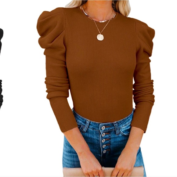 Yissang Women's Knitted Puff Sleeve Crew Neck Pullover Rusty Brown Sweater Small - Picture 1 of 11